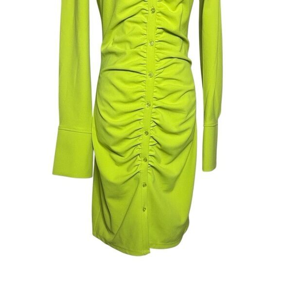 H&M Lime Green Long Sleeve Draped Shirt Dress Size S Button Front Ruched V-neck - Picture 3 of 15